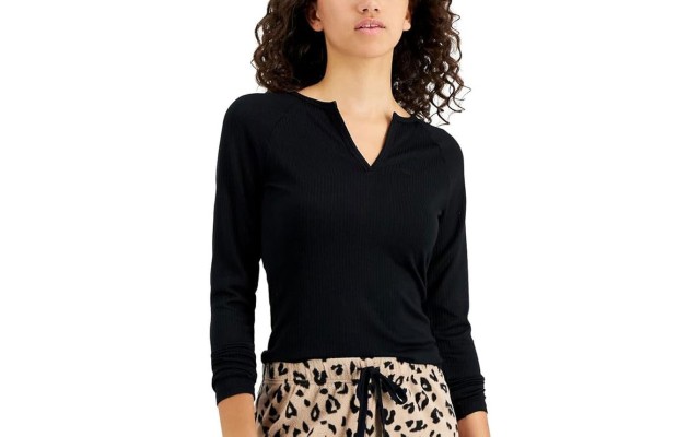  Women’s Split-Neck Pajama Top (Deep Black, X-Large)