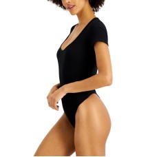 Jenni Womens Square Neck Ribbed Bodysuit, Black, Large