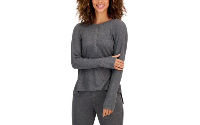  Women’s Waffle Henley Sleep Top, Gray, Small