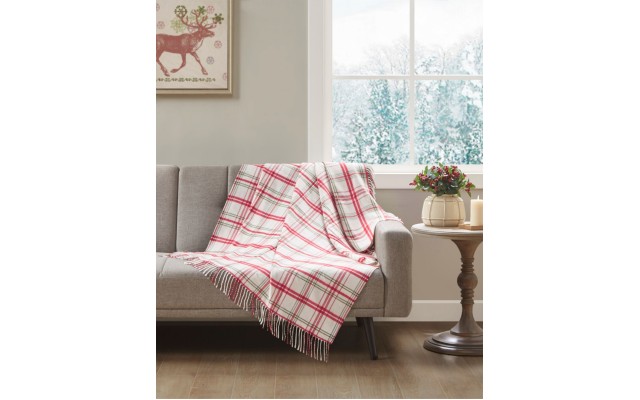  Holiday Plaid Throw, 50″ x 60″, White/Red