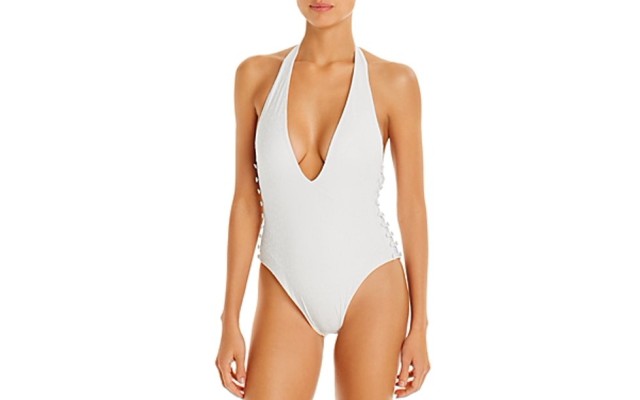 Jonathan Simkhai Isa Textured Button Trim One-Piece Swimsuit