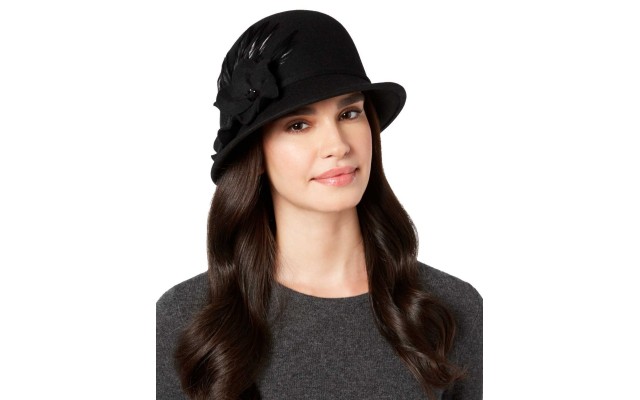  Flower-Embellished Wool Felt Cloche Hat (Black)