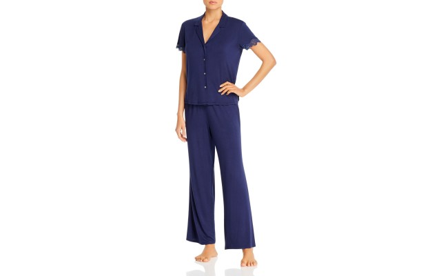  Lace-Trim Jersey Knit Pajama Set, Navy, Small