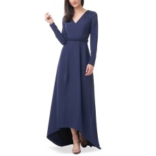 Js Collections Womens Akala V-Neck High-Low Gown Dress, Navy, 8