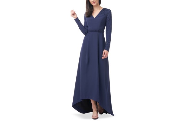  Womens Akala V-Neck High-Low Gown Dress, Navy, 8