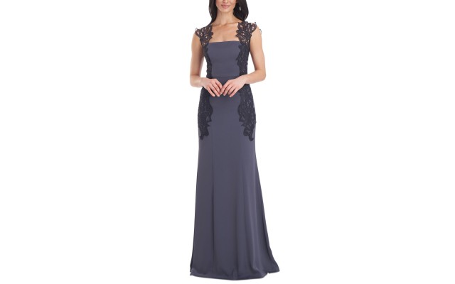  Women’s Embellished Lace-Trim Satin Mermaid Gown Dress, Gunmetal, 8