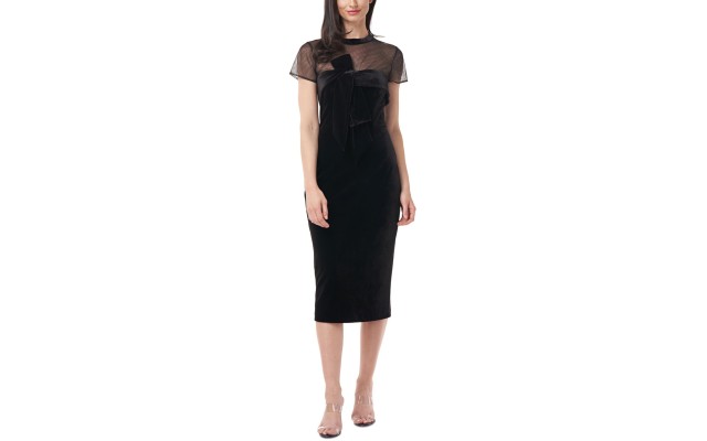  Women’s Illusion-Yoke Velvet Dress, Black, 4