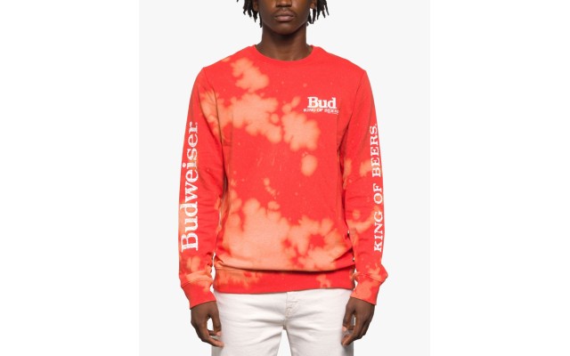 Junk Food Men’s King of Beers Long Sleeve Crew Neck Fleece Sweater, Red, Large