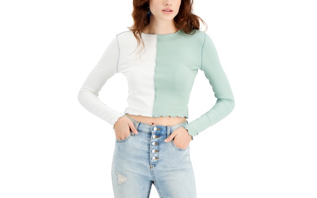  Juniors’ Colorblocked Top,  Ivory Sage, X-Small
