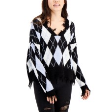 Just Polly Juniors Distressed Argyle Sweater, Black, Medium