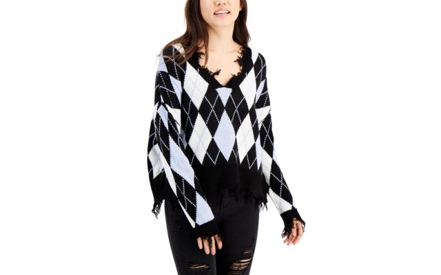 Just Polly Juniors Distressed Argyle Sweater, Black, Medium