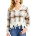 Just Polly Juniors’ Distressed Plaid Sweater (Taupe Plaid, XL)