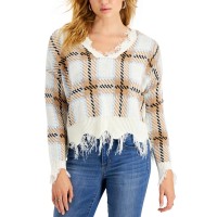 Just Polly Juniors’ Distressed Plaid Sweater (Taupe Plaid, XL)