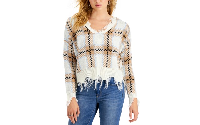 Just Polly Juniors’ Distressed Plaid Sweater (Taupe Plaid, XL)