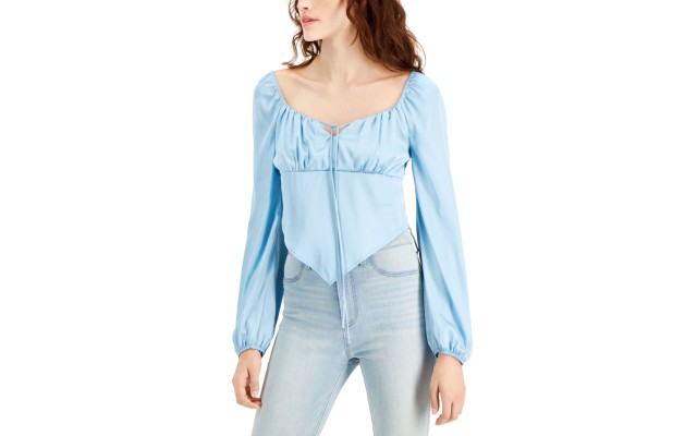 Just Polly Juniors’ Square Neck Smocked Back Top, Solid Blue, X-Large
