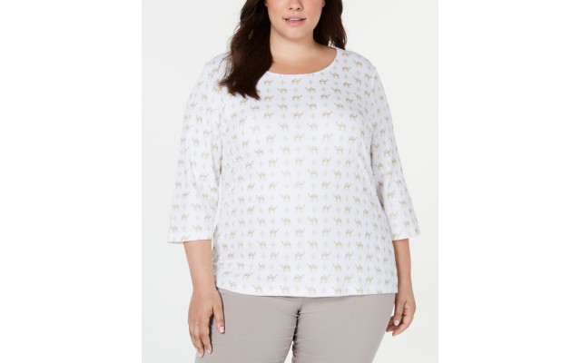  Plus Size Foil-Print 3/4-Sleeve Top, White, 0X