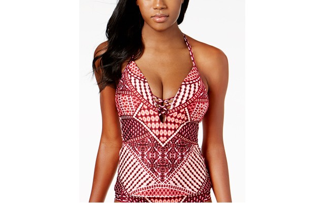  Hidden Paradise Push-Up Tummy-Control Tankini Top, Burgundy, Small