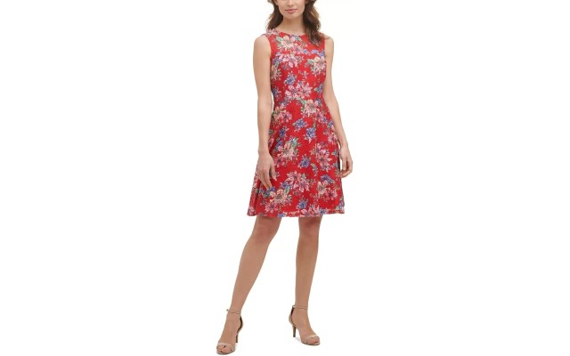  Womens Floral-Lace Fit & Flare Dress, Red, 6