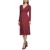 Kensie Womens Rib-Knit A-Line Midi Dress, Maroon, Small