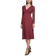 Kensie Womens Rib-Knit A-Line Midi Dress, Maroon, Small