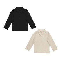 Kidsy Boys Solid Peruvian Cotton T-Shirt Long Sleeve Polo Neck With 3 Buttons, Multicolor, Black/Oatmeal Heather, 5
