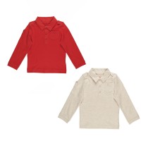 Kidsy Boys Solid Peruvian Cotton T-Shirt Long Sleeve Polo Neck With 3 Buttons, Multicolor, Brick/Oatmeal Heather, 2
