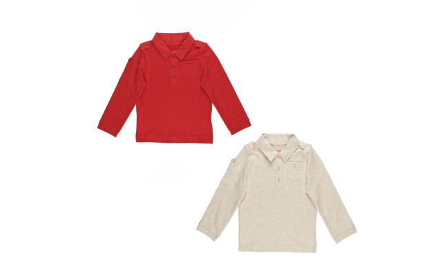 Kidsy Boys Solid Peruvian Cotton T-Shirt Long Sleeve Polo Neck With 3 Buttons, Multicolor, Brick/Oatmeal Heather, 2