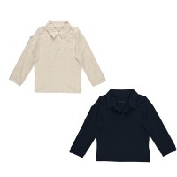 Kidsy Boys Solid Peruvian Cotton T-Shirt Long Sleeve Polo Neck With 3 Buttons, Multicolor, Navy/Oatmeal, 8