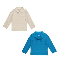Kidsy Boys Solid Peruvian Cotton T-Shirt Long Sleeve Polo Neck With 3 Buttons, Multicolor, Williamsburg Blue/Oatmeal Heather, 5