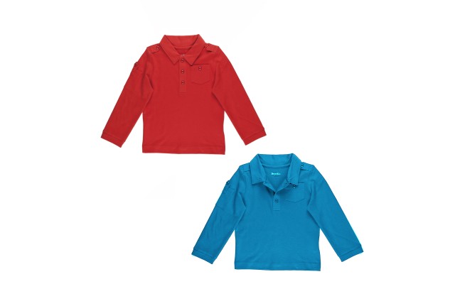 Kidsy Boys Solid Peruvian Cotton T-Shirt Long Sleeve Polo Neck With 3 Buttons, Multicolor, Williamsburg Blue/Brick, 2