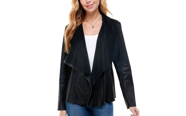 Kingston Grey Juniors’ Faux-Suede Asymmetrical Zip-Front Jacket, Black, Large
