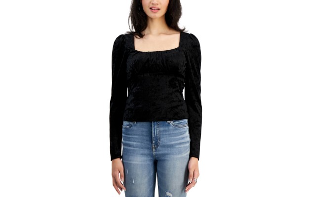  Womens Juniors Velvet Square Neck Blouse, Black, Medium