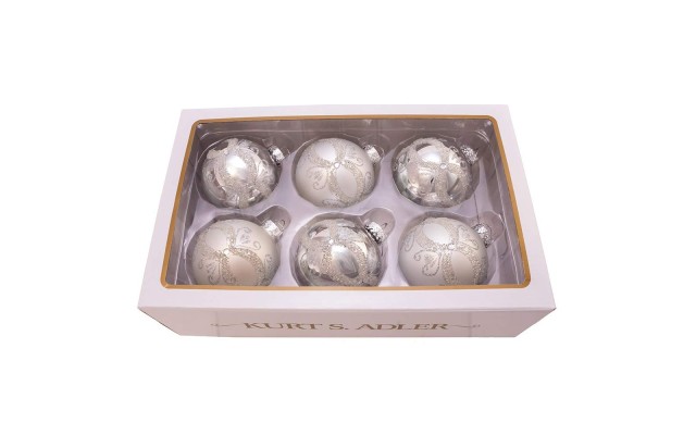  80MM Matte and Shiny Silver with Glitter Glass Ball Ornaments, 6 Piece Box