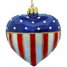 Landmark Creations Opal Patriotic Heart with Crystals Hand Blown and Hand Decorated Polish Glass Christmas Ornament