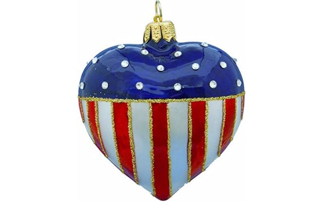  Opal Patriotic Heart with Crystals Hand Blown and Hand Decorated Polish Glass Christmas Ornament