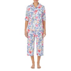 Lauren Ralph Lauren 3/4 Sleeve Woven His Shirt Capri Pants Pajama Set, White Floral, Small