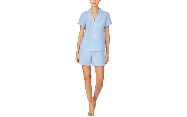  Grosgrain-Ribbon Trim Boxer Shorts Pajamas Sets, Blue, X-Large (16-18