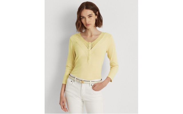 Lace-trim Henley Top Yellow Bloom Medium