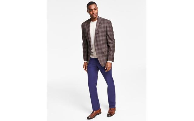  Men’s Classic-Fit Ultraflex Stretch Brown/Navy Plaid Sport Coat, 46R