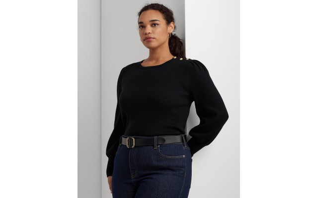  Plus Size Crewneck Puff-Sleeve Sweater – Black, 1X