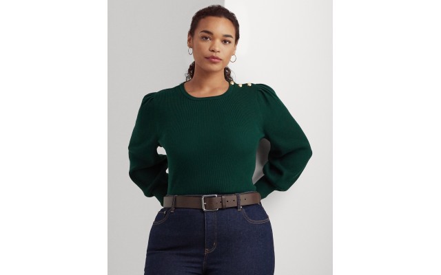  Plus Size Crewneck Puff-Sleeve Sweater, Season Green, 2X