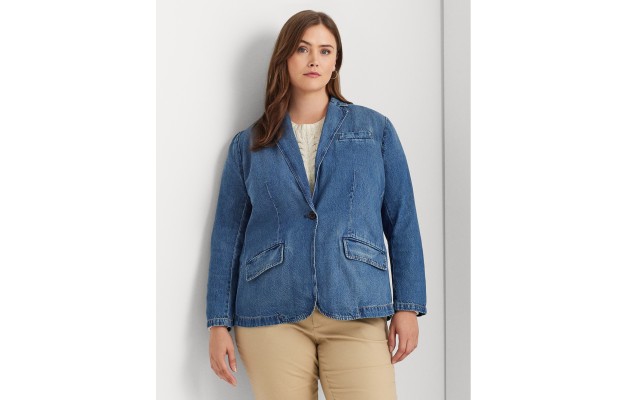  Plus Size One-Button Denim Blazer – City Blue Wash, 14W