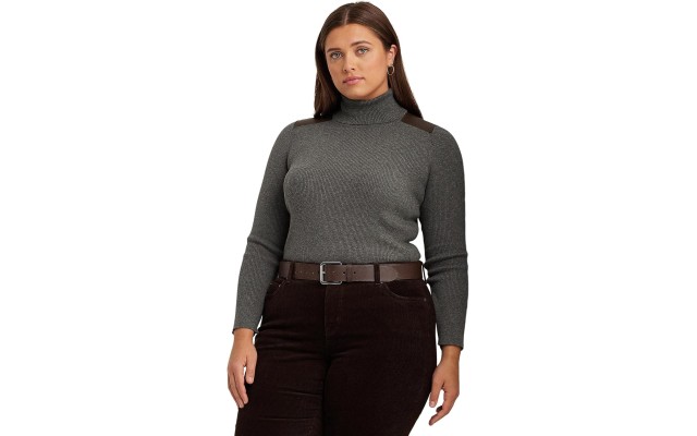  Plus Size Ribbed Elbow-Patch Turtleneck, Grey Heather, 3X