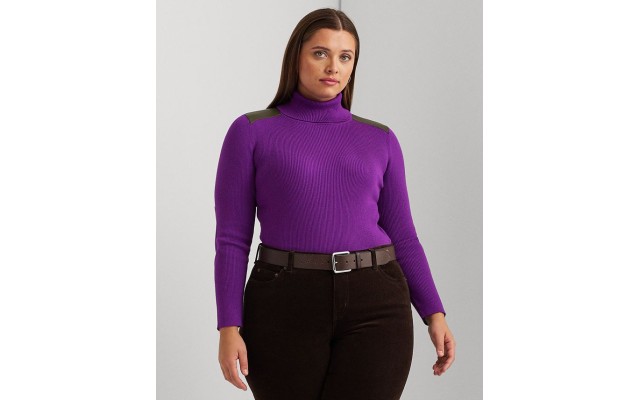  Plus Size Ribbed Elbow-Patch Turtleneck, Purple, 1X