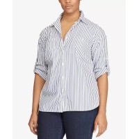 Lauren Ralph Lauren Plus Size Striped Roll-Tab Shirt, White/Indigo, 3X