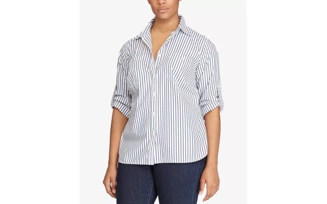  Plus Size Striped Roll-Tab Shirt, White/Indigo, 3X