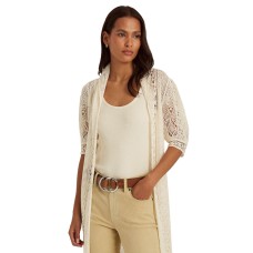 LAUREN Ralph Lauren Pointelle Puff-Sleeve Linen Cardigan, Cream , Medium