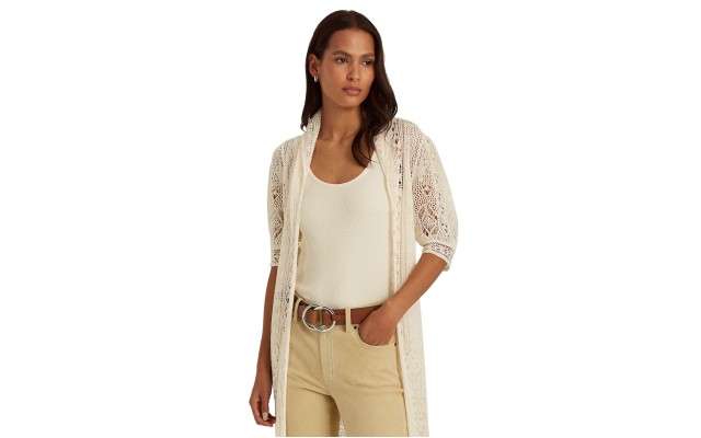 LAUREN Ralph Lauren Pointelle Puff-Sleeve Linen Cardigan, Cream , Medium