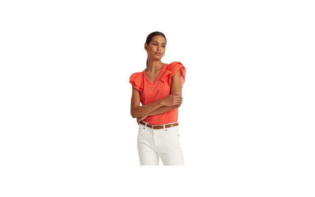  Ruffle-sleeve Slub Jersey T-Shirt, Hyannis Port Orange, X-Large