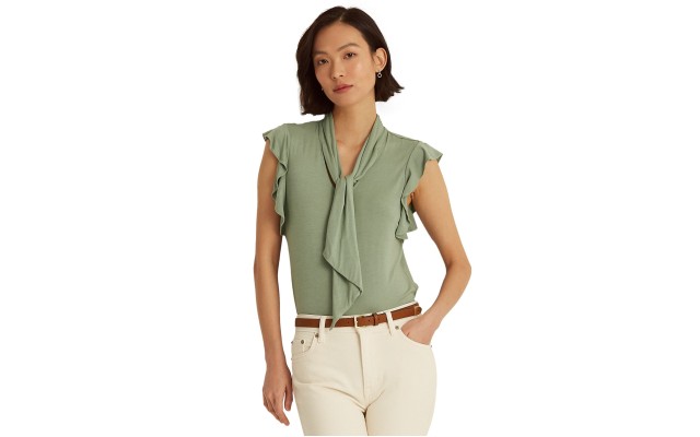  Ruffle-Sleeve Tie Neck Top, Green, Small